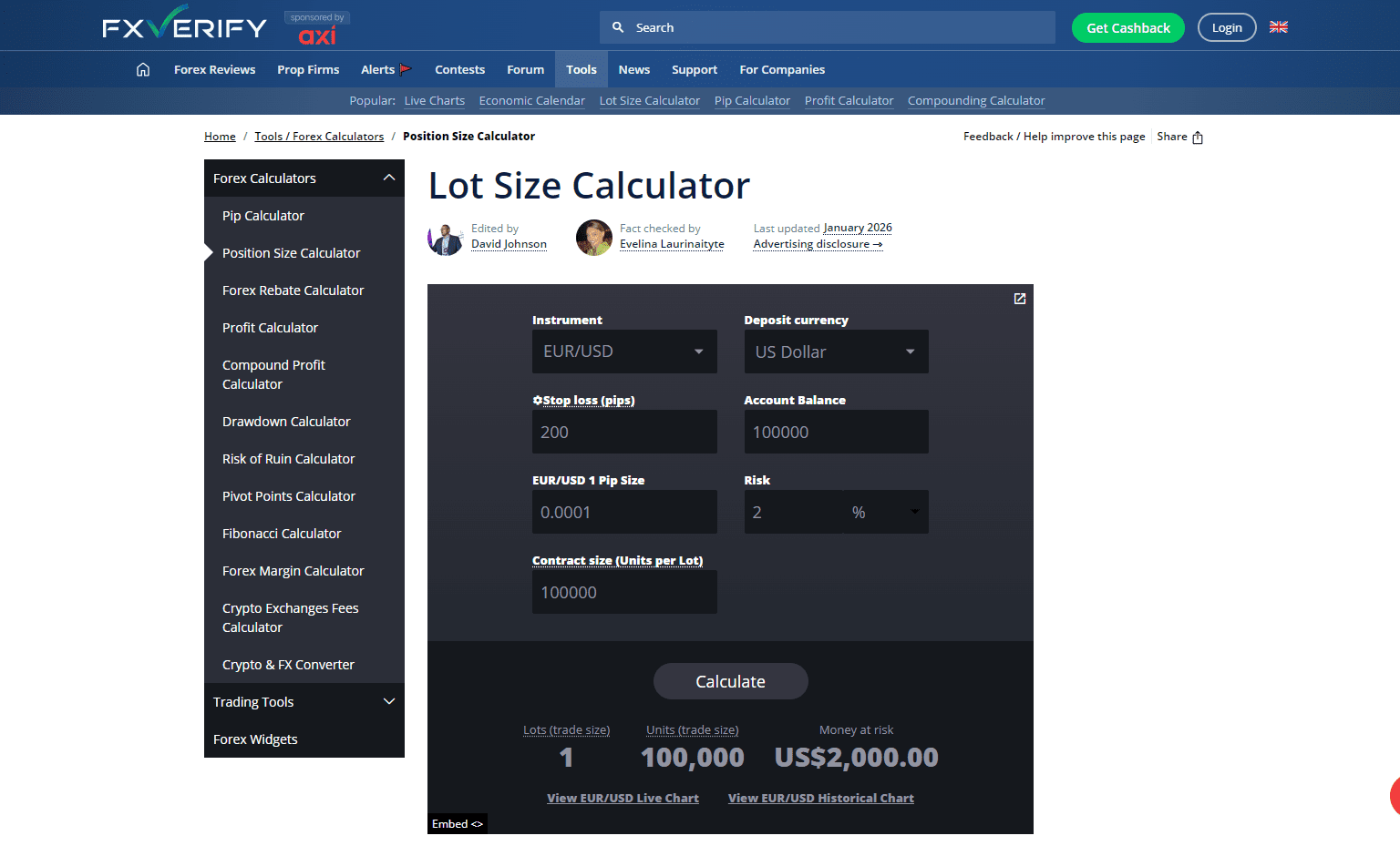 CashbackForex Position Size Calculator
