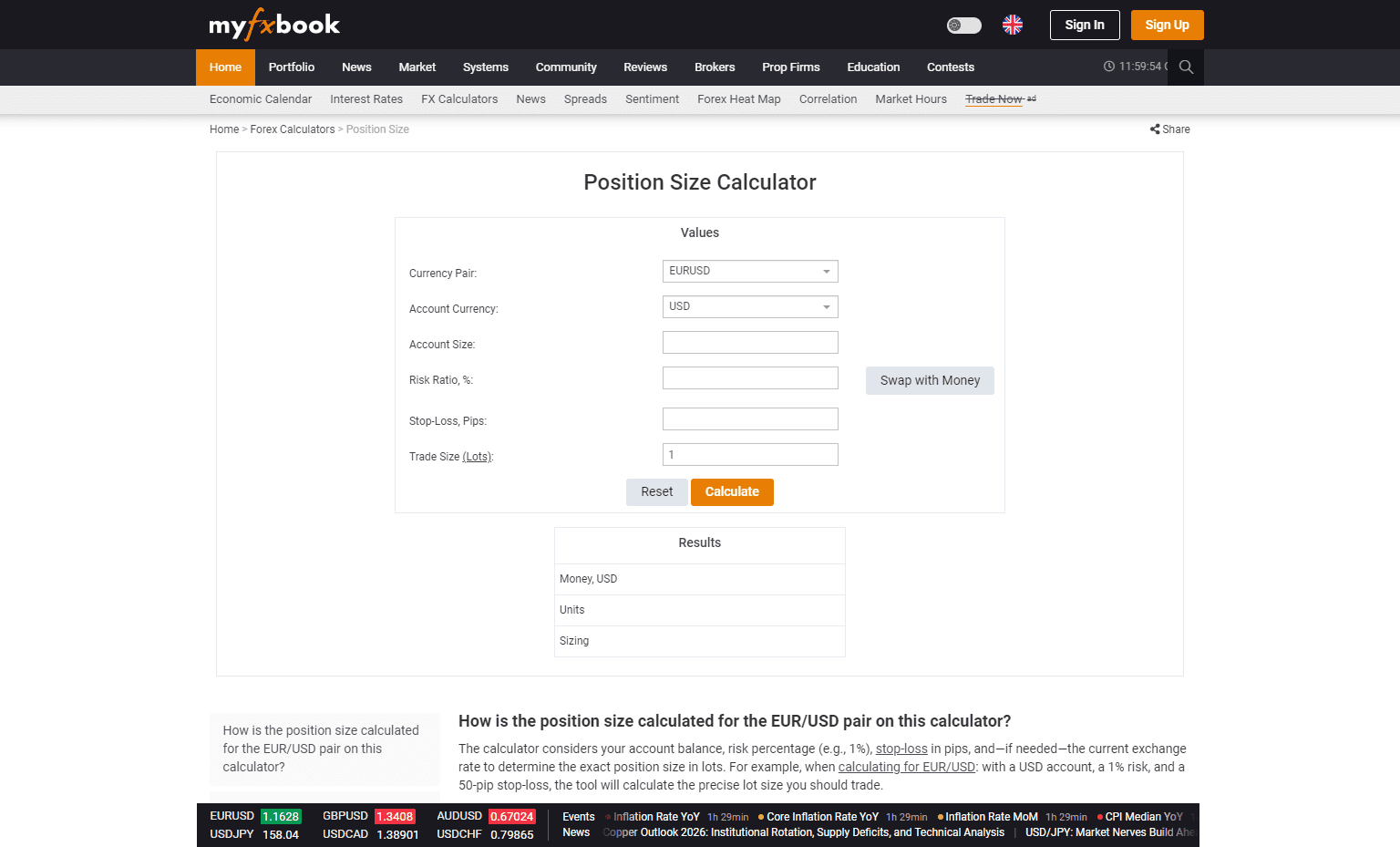Myfxbook Position Size Calculator